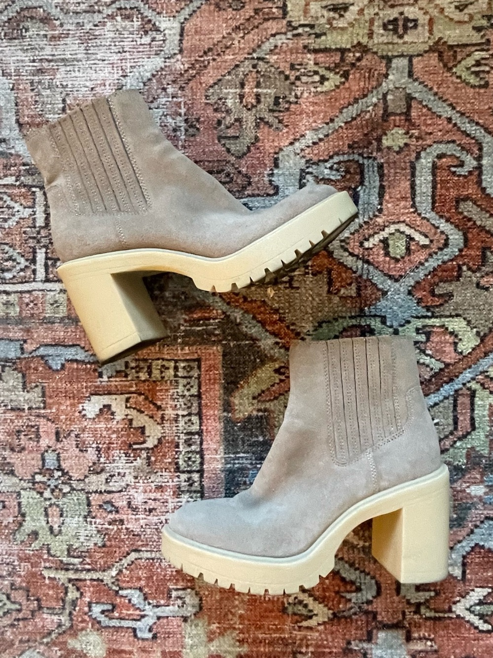Dolce Vita Taupe Suede Chunky Heel Ankle Booties